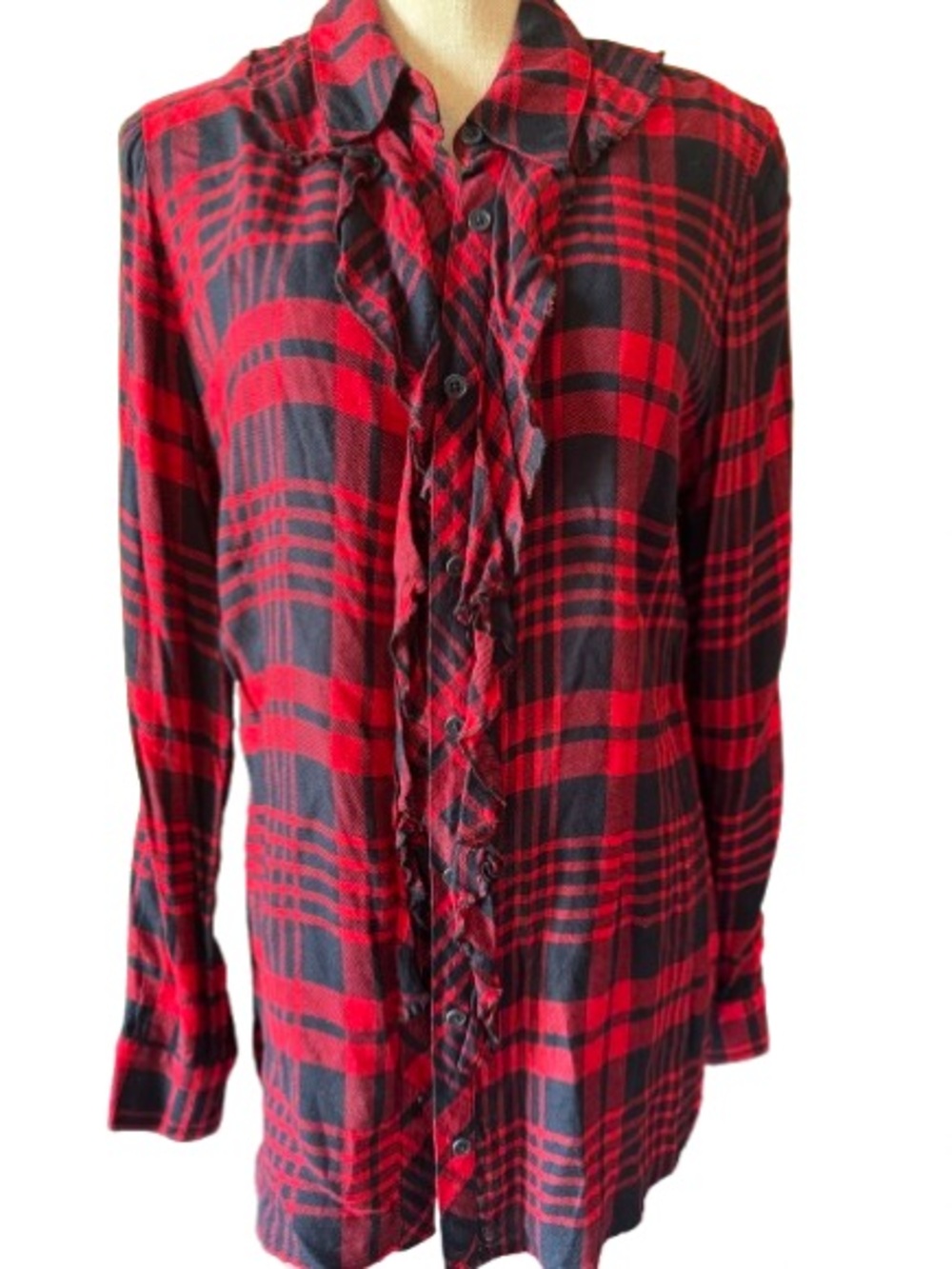 CAbi Red and Black Plaid Ruffle-Trim Button Down Shirt Medium